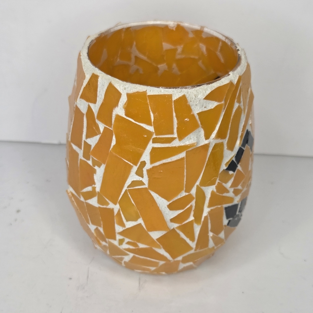 Mosaic Orange Pumpkin Jackolantern Candle Holder Jar Vase Halloween Decor - Picture 6 of 11